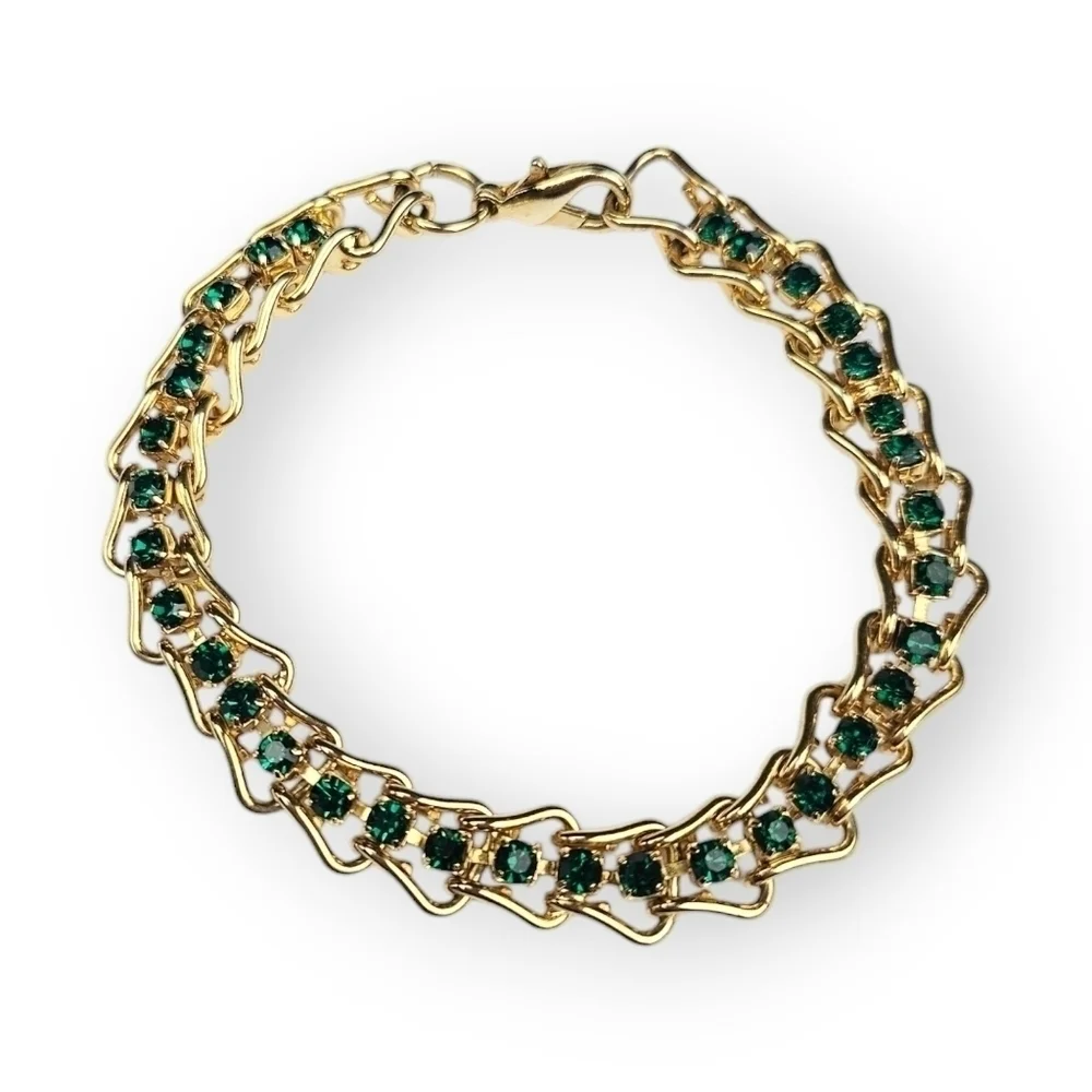 Emerald Green Rhinestone Hook Chain Bracelet Gold Plated Vintage 90s 7.25